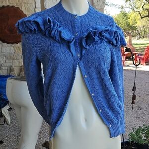 Vintage Blue 100% Cotton Knit Ruffled Yolk Women's Sweater Alan Austin England S
